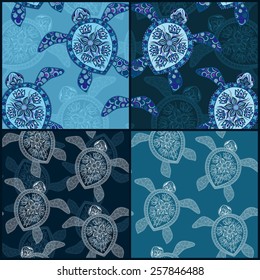 Set of vintage seamless patterns with turtles. Seamless pattern can be used for wallpaper, pattern fills, web page background,surface textures. Seamless animal background. Indian mehendi style