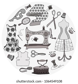 Set of vintage sewing accessories in round frame. Vector illustration, gray scale.