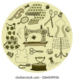Set of vintage sewing accessories in round frame. Vector illustration.