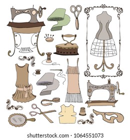 Conjunto de accesorios de coser vintage. Ilustración vectorial.