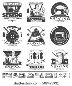 Set of vintage sewing emblems, labels, logos. Tailor shop badges and design elements with descriptions of sewing studio, handmade workshop, custom clothing. Tailor tools. vector illustration