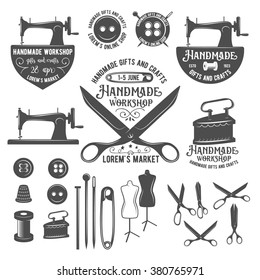 Set of vintage sewing labels, badges, design elements and emblems. Tailor shop old-style logo 