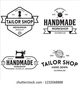 Set of vintage sewing and tailor labels, badges, design elements and emblems. Tailor shop old-style logo. Isolated vintage illustration.