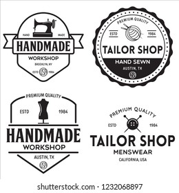 Set of vintage sewing and tailor labels, badges, design elements and emblems. Tailor shop old-style logo. Isolated vintage illustration.