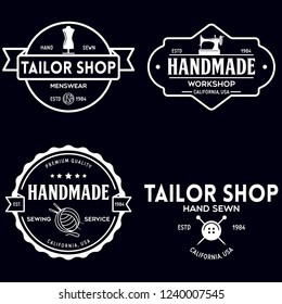 Set of vintage sewing and tailor labels, badges, design elements and emblems. Tailor shop old-style logo. Isolated vintage illustration.