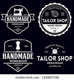 Set of vintage sewing and tailor labels, badges, design elements and emblems. Tailor shop old-style logo. Isolated vintage illustration.