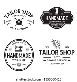 Set of vintage sewing and tailor labels, badges, design elements and emblems. Tailor shop old-style logo. Isolated vintage illustration.