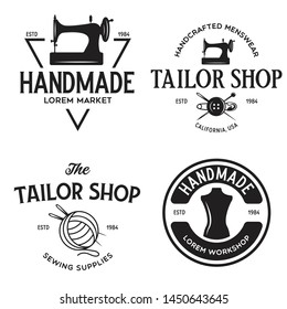 Set of vintage sewing and tailor labels, badges, design elements and emblems. Tailor shop old-style logo. Isolated vintage illustration.