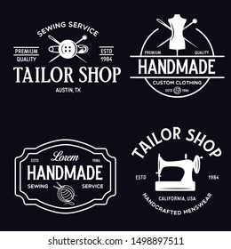 Set of vintage sewing and tailor labels, badges, design elements and emblems. Tailor shop old-style logo. Isolated vintage illustration.