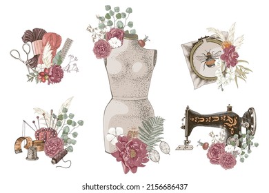 Set of vintage sewing tools decorated with flowers. Vector illustration