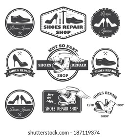 Set of vintage shoes repair labels, emblems and designed elements.