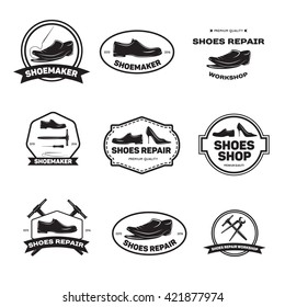 Set of vintage shoes repair labels, emblems and designed elements. Vector illustration.