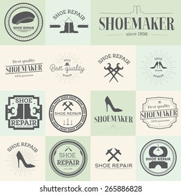 Set of vintage shoes repair and shoemaker labels, emblems and designed elements Vector illustration