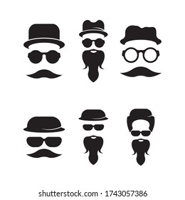 set of Vintage silhouette of a bowler, mustache, beard, glasses. Vector illustration of male or hipster.
