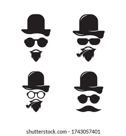 set of Vintage silhouette of a bowler, mustache, beard, glasses. Vector illustration of male or hipster.
