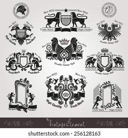 set vintage silhouette heraldic labels with pattern and animals, eagle lion tiger leopard bird lion head