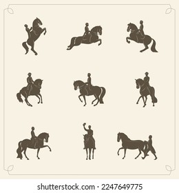 Set of vintage silhouettes of riders and horses, classic horse riding