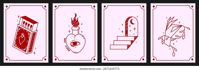 A set of vintage simple boho posters, cards. The concept of mysticism, isotericism. Elements for tattoo.