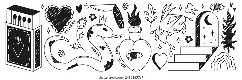 A set of vintage simple doodle boho illustrations. The concept of mysticism, isotericism. Elements for tattoo.