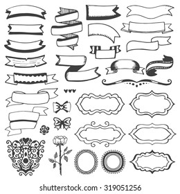 Set of vintage sketch elements. Vector decoration collection. Hand drawn flowers and frames, ribbons and page decor.