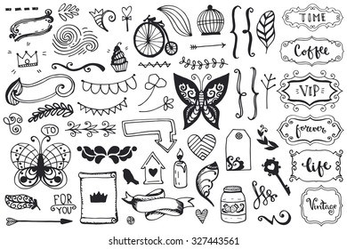 Set of vintage sketch elements. Vector decoration collection. Hand drawn flowers and leaves, and page decor.