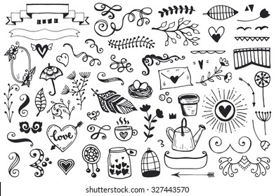 Set von Vintage-Skizzenelementen. Dekorationssammlung für Vektorillustrationen. Handgezeichnete Blumen und Blätter und Seitendekor.