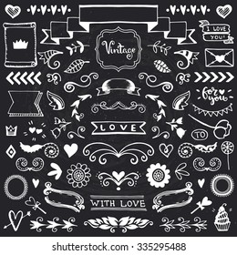 Set of vintage sketch elements. Vector decoration collection. Hand drawn flowers, leaves and page decor.