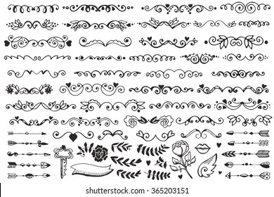 Set of vintage sketch elements. Vector decoration collection. Hand drawn page decor.