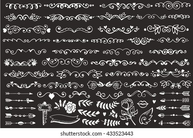 Set of vintage sketch elements. Vector decoration collection. Hand drawn page decor.