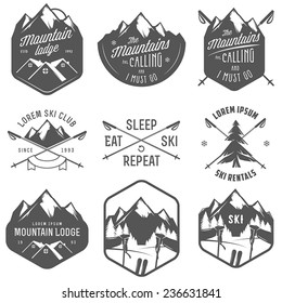 Set of vintage skiing labels and design elements