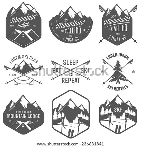 Set of vintage skiing labels and design elements