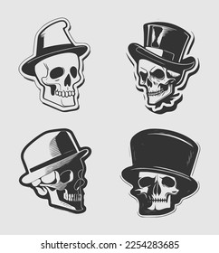 Set Vintage skull head in cap or hat in monochrome style isolated vector illustration