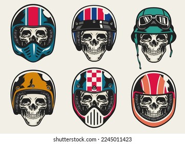 Set of Vintage Skull Wearing Helmet