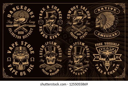 Set of vintage skulls in different styles such as western, gangster, vaping and other. All elements colors, text, are on the separate groups.