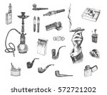 Set of vintage smoking tobacco elements. Hookah, lighter, cigarette, cigar, guillotines, ashtray, pipe, leaf, mouthpiece, vape accessories. Hand Drawn Vector engraved illustration
