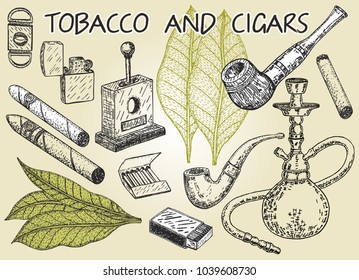 Set of vintage smoking tobacco elements. Hookah, lighter, cigarette, cigar, guillotines, ashtray, pipe, leaf, mouthpiece. Hand Drawn Vector engraved illustration