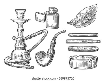 Set of vintage smoking tobacco elements. Monochrome style. Hookah, lighter, cigarette,  cigar, ashtray, pipe, leaf, mouthpiece. Vector engraved black illustration isolated on white background.