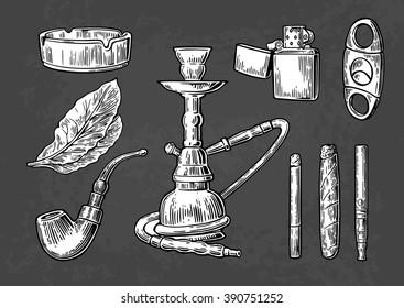 Set of vintage smoking tobacco elements. Monochrome style. Hookah, lighter, cigarette, cigar, ashtray, pipe, leaf, mouthpiece, guillotine. Vector engraved illustration on dark background.