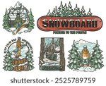 Set of vintage snowboarding designs featuring snowboarders riding in snowy mountain landscapes, waiting for the ski lift and enjoying winter sports