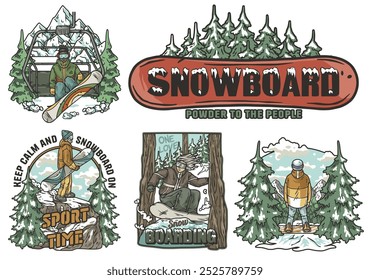 Set of vintage snowboarding designs featuring snowboarders riding in snowy mountain landscapes, waiting for the ski lift and enjoying winter sports