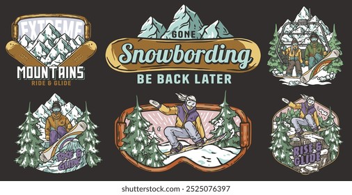 Set of vintage snowboarding emblems featuring snowboarders enjoying winter sports in snowy mountains. Perfect for winter sports enthusiasts and apparel designs