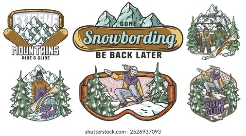 Set of vintage snowboarding emblems featuring snowboarders enjoying winter sports in snowy mountains. Perfect for winter sports enthusiasts and apparel designs