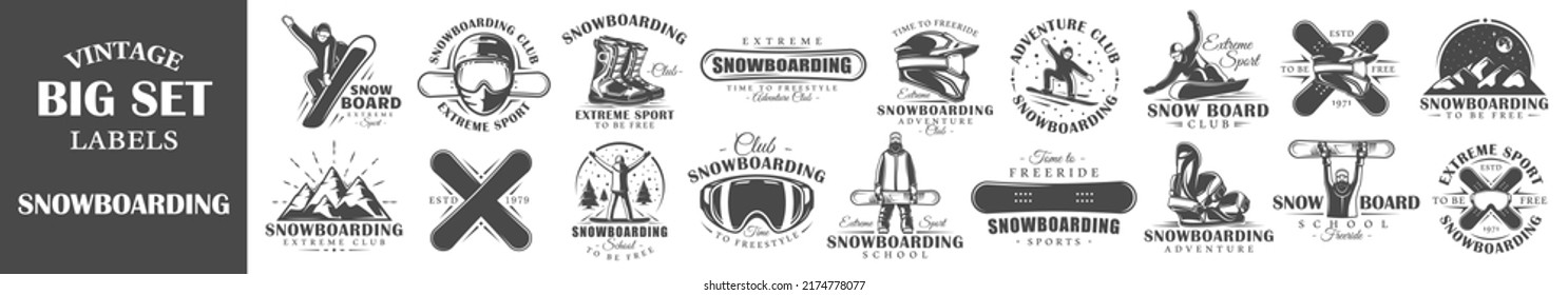 Set of vintage snowboarding labels. Templates for the design of logos and emblems. Collection of snowboarding symbols: board, mountain, mask. Vector illustration