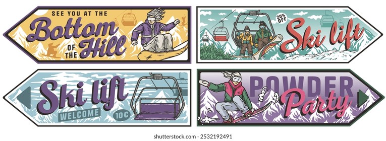 Set von Vintage-Snowboarden und Skiliftplakaten mit Snowboardern und Skifahrern, die Winterurlaub genießen. Winterplakat oder Schild für Sport