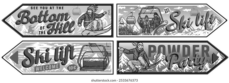 Set of vintage snowboarding and ski lift posters with snowboarders and skiers enjoying winter holidays. Winter poster or sign for sport