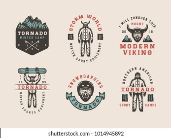 Set of vintage snowboarding, ski or winter sports logos, badges, emblems and design elements. illustration. 
