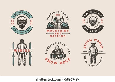 Set of vintage snowboarding, ski or winter sports logos, badges, emblems and design elements. Vector illustration. Monochrome Graphic Art.