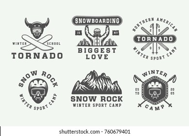 Set of vintage snowboarding, ski or winter sports logos, badges, emblems and design elements. Vector illustration. Monochrome Graphic Art.