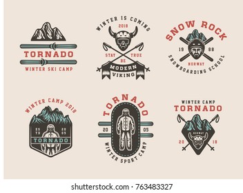 Set of vintage snowboarding, ski or winter sports logos, badges, emblems and design elements. Vector illustration. Monochrome Graphic Art.