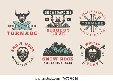 Set of vintage snowboarding, ski or winter sports logos, badges, emblems and design elements. Vector illustration. Monochrome Graphic Art.